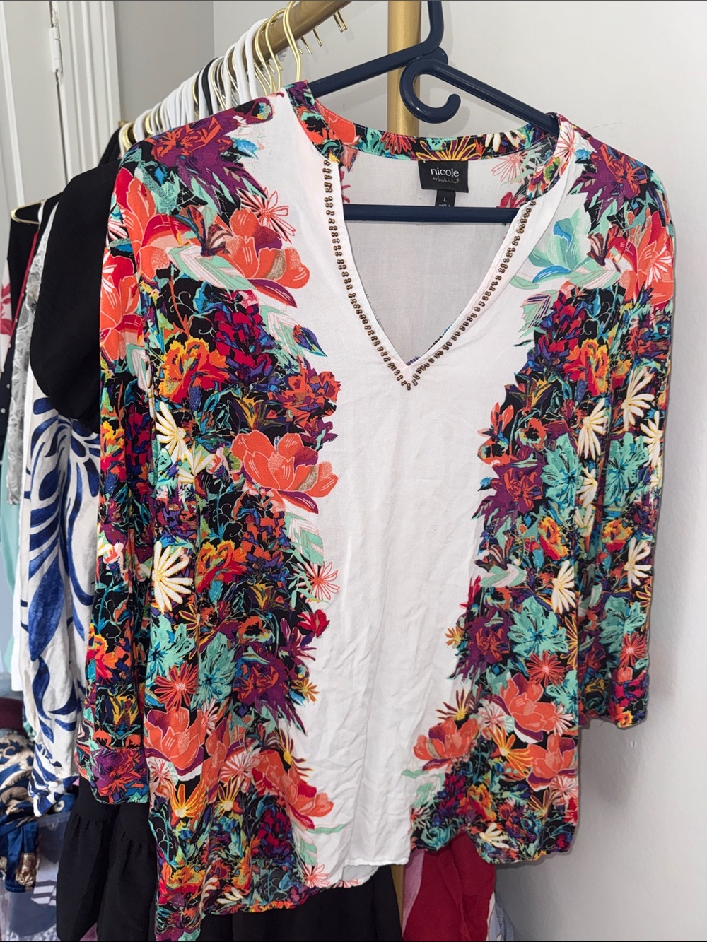 Nicole White Floral V-Neck Tunic with Multicolor Bloom